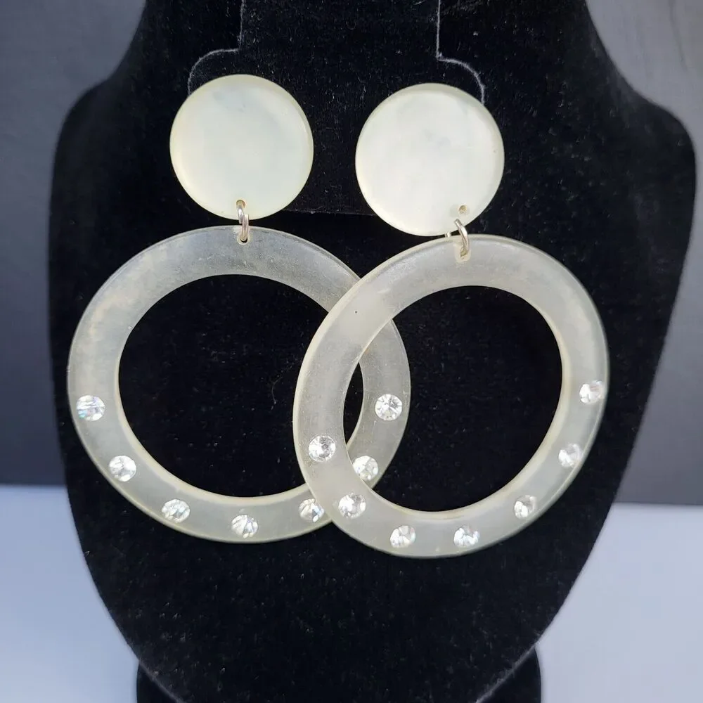Vintage Frosted Clear Lucite Hoop Dangle Earrings with Rhinestones 3.5 in